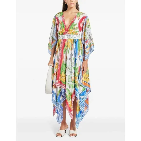 FARM RIO Women's Off-White Tropical Destination Kimono Sleeve Midi Dress Size M - Picture 1 of 10